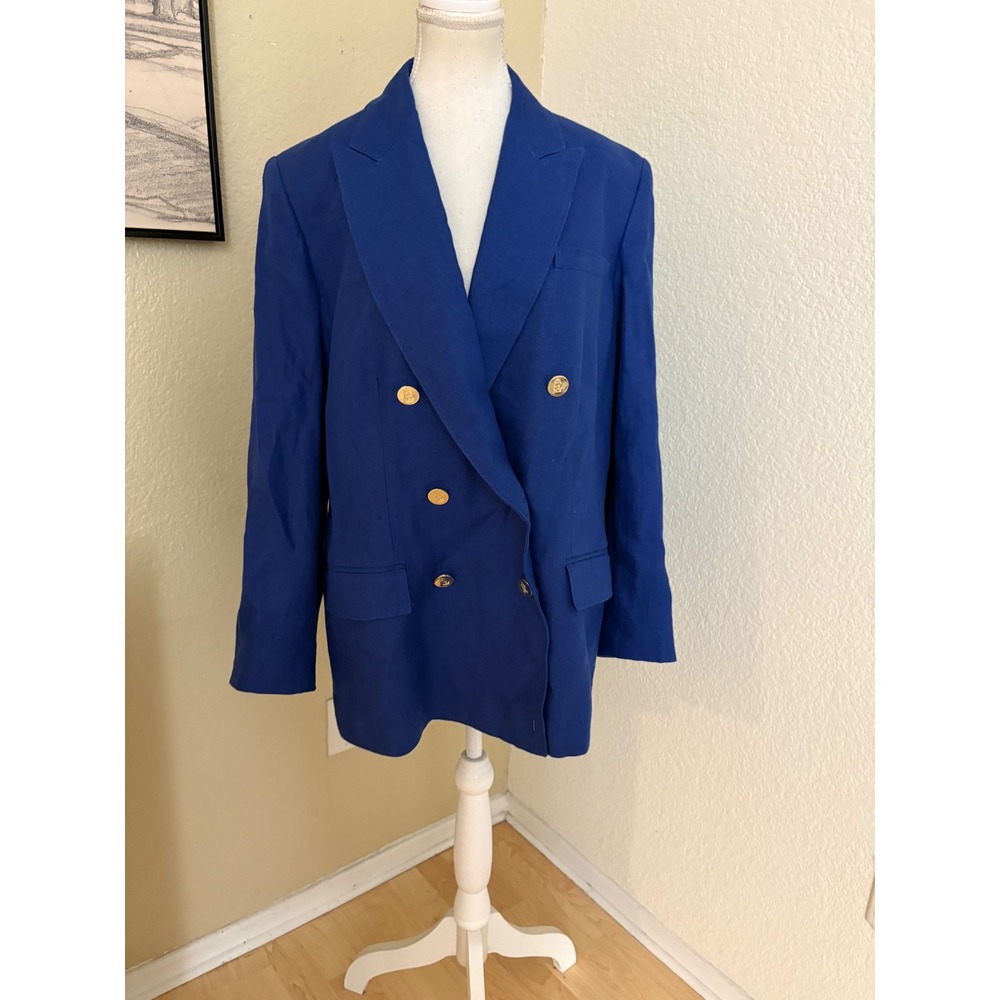 LAUREN RALPH LAUREN Double-Breasted Linen-Cotton Blazer Covolt Blue Size 18 - Picture 3 of 7